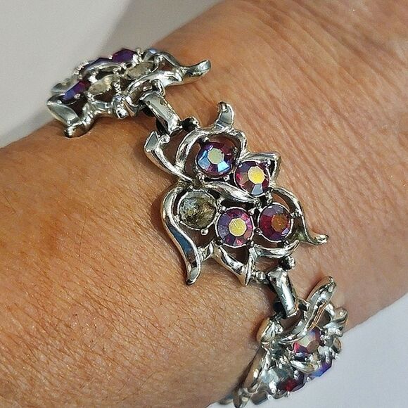 #SarahCoventry #Vintage Pink Red #AB #Rhinestone 8" long 1" Wide #Bracelet - Picture 6 of 12